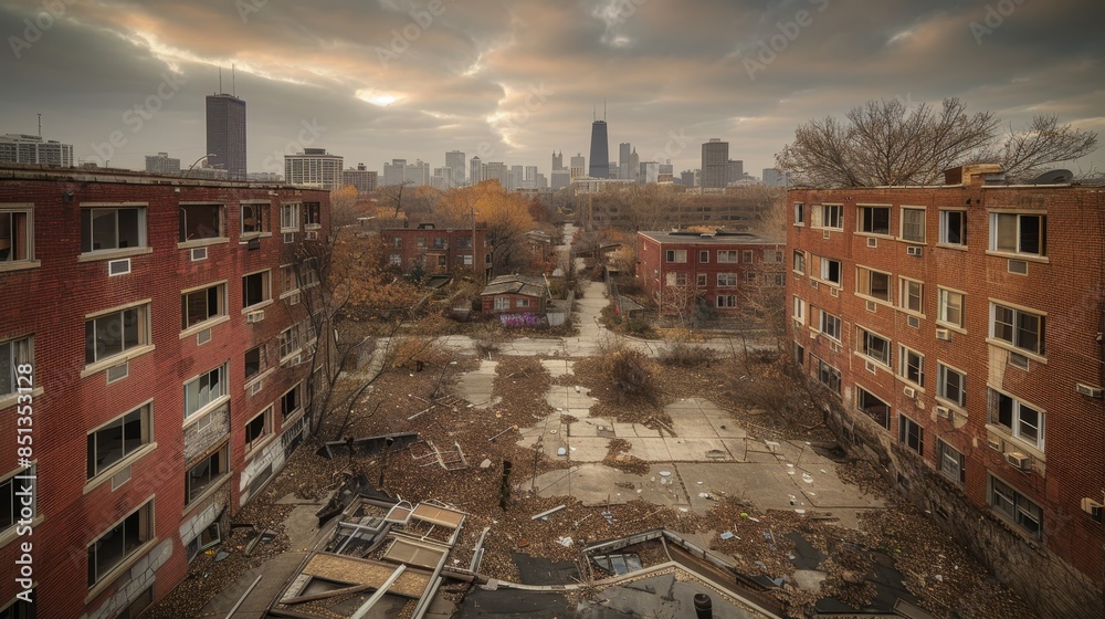 An abandoned apartment complex overlooks a city skyline under a cloudy sky. The buildings show signs of decay with broken windows and overgrown vegetation. An abandoned apartment complex overlooks a city skyline under a cloudy sky. The buildings show signs of decay with broken windows and overgrown vegetation.