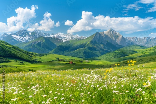 Idyllic sunny mountain landscape with fresh green meadows and wildflowers in rural countryside