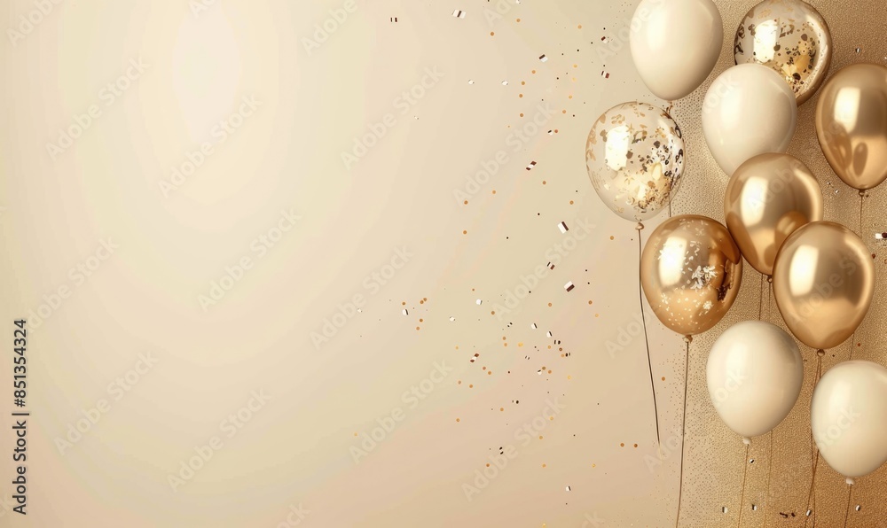 Obraz premium Gold balloons bunch on a pastel wall background