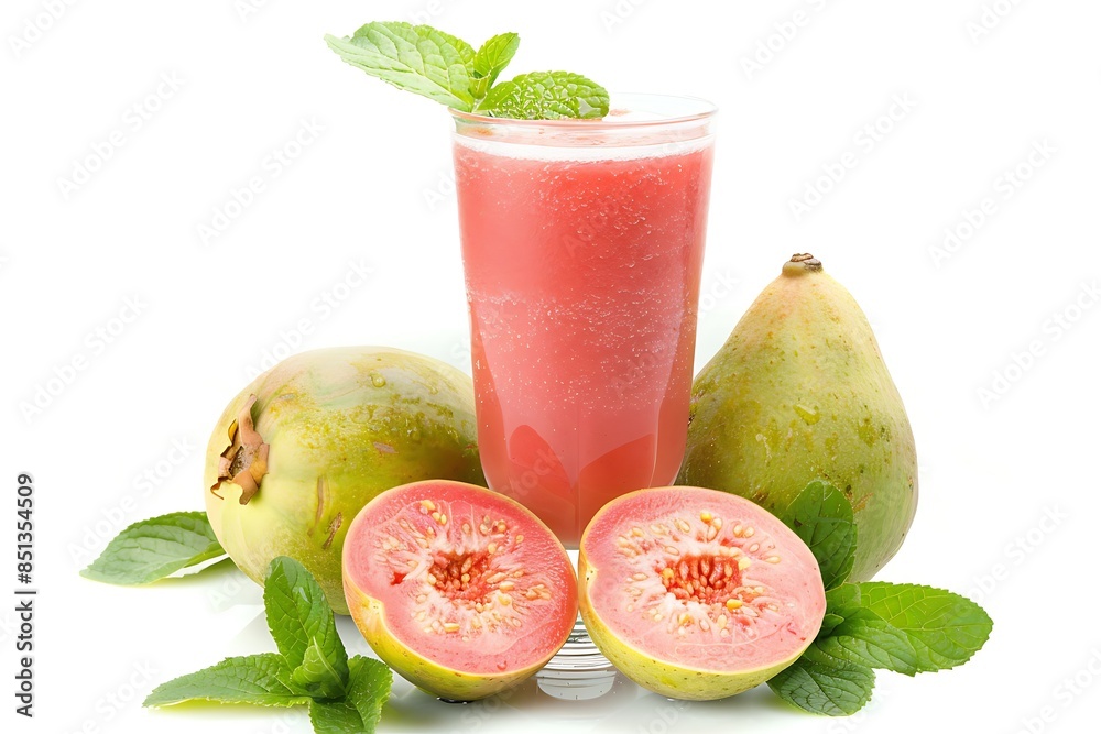 Smoothies guava in glass cup, guava fruit, and leaf mint inside. Isolated on white background. Smoothies guava in glass cup, guava fruit, and leaf mint inside. Isolated on white background.