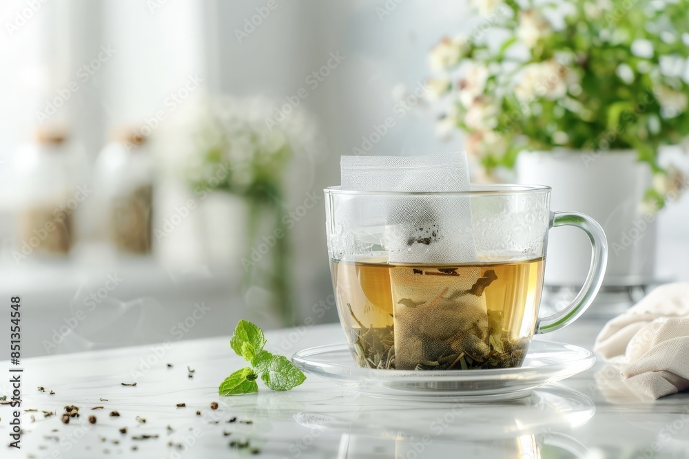 Freshly brewed green tea in a clear glass cup, with a tea bag and mint leaves, on a white marble countertop Freshly brewed green tea in a clear glass cup, with a tea bag and mint leaves, on a white marble countertop