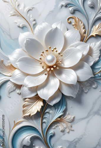 White flower on blue marble background