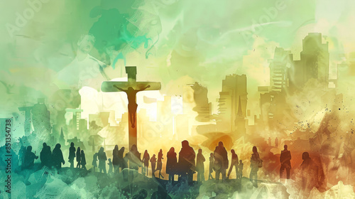 A watercolor painting depicting Jesus on the cross against a backdrop of a modern city skyline. Silhouettes of people watch the scene unfold in the distance photo