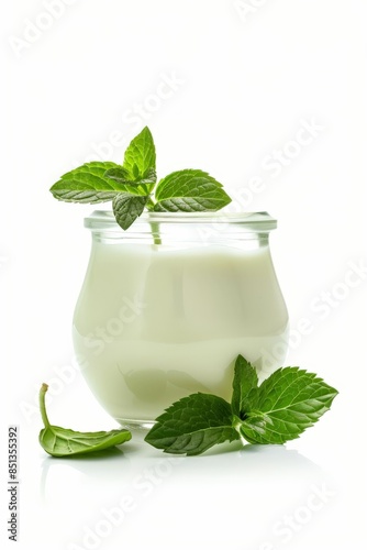 Homemade yogurt in a glass jar, garnished with mint leaves, isolated on white background, detailed and high resolution, artisanal feel