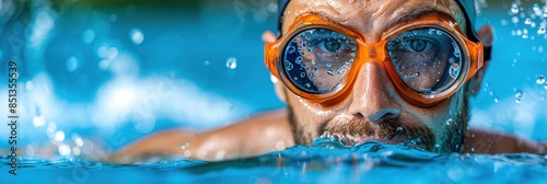 Close-up shot of a swimmer wearing orange goggles, focusing on their determined face as they swim in a vibrant blue pool.