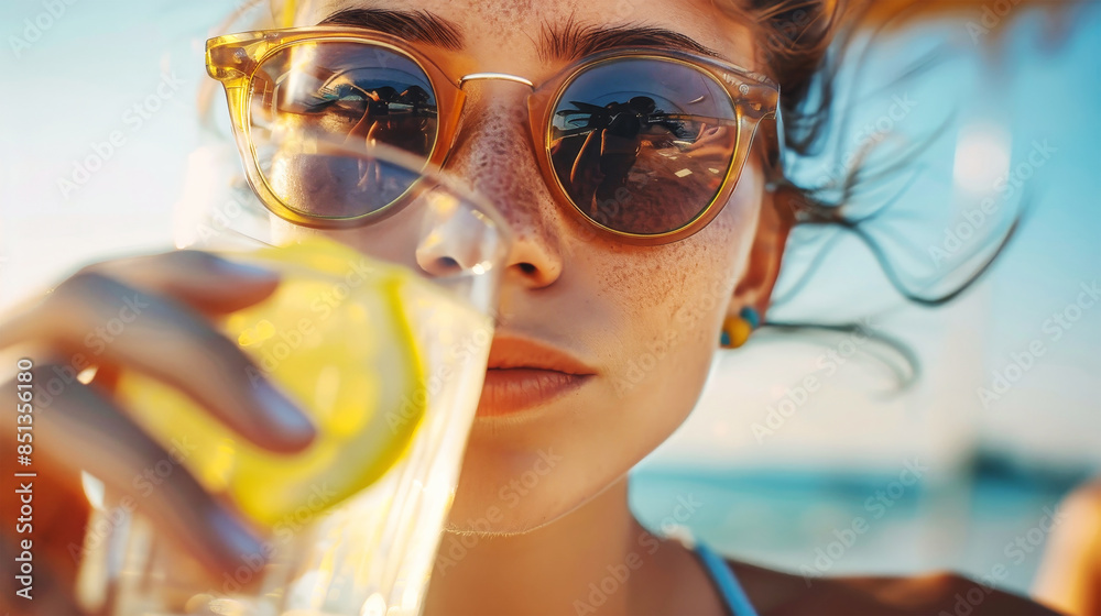 A woman wearing sunglasses enjoys a refreshing drink on a sunny beach A woman wearing sunglasses enjoys a refreshing drink on a sunny beach