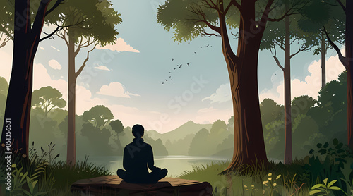 Visualize the concept of mindfulness with an illustration of a person surrounded by nature, fully immersed in the present moment