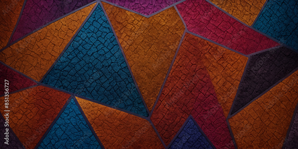 Geometrisches Muster mit strukturierten, dreieckigen Elementen in kräftigen Farben, das durch die harmonische Anordnung von Formen und Farben eine beeindruckende visuelle Tiefe schafft Geometrisches Muster mit strukturierten, dreieckigen Elementen in kräftigen Farben, das durch die harmonische Anordnung von Formen und Farben eine beeindruckende visuelle Tiefe schafft