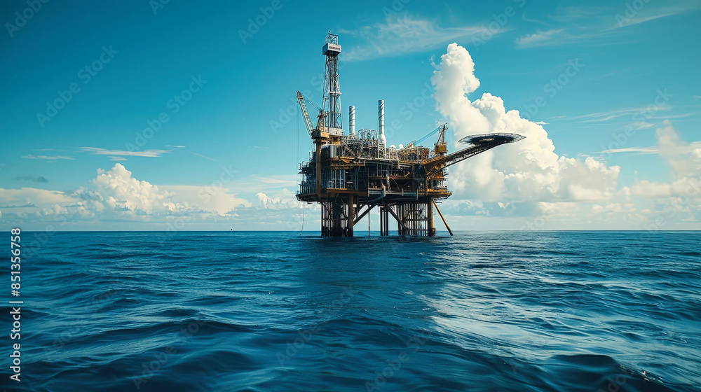 A large offshore oil and gas production platform stands tall against a blue sky, with fluffy clouds floating overhead A large offshore oil and gas production platform stands tall against a blue sky, with fluffy clouds floating overhead