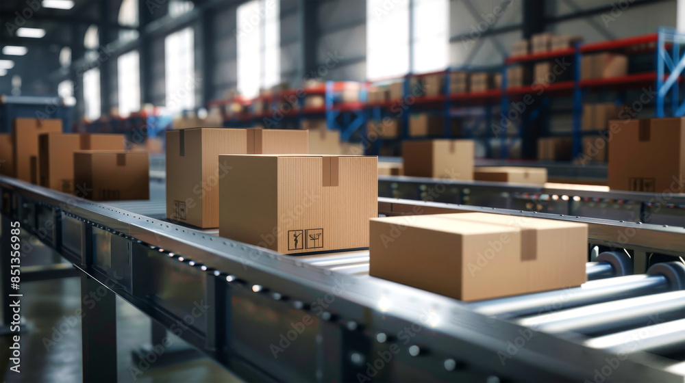 Boxes are moving along a conveyor belt in a warehouse Boxes are moving along a conveyor belt in a warehouse