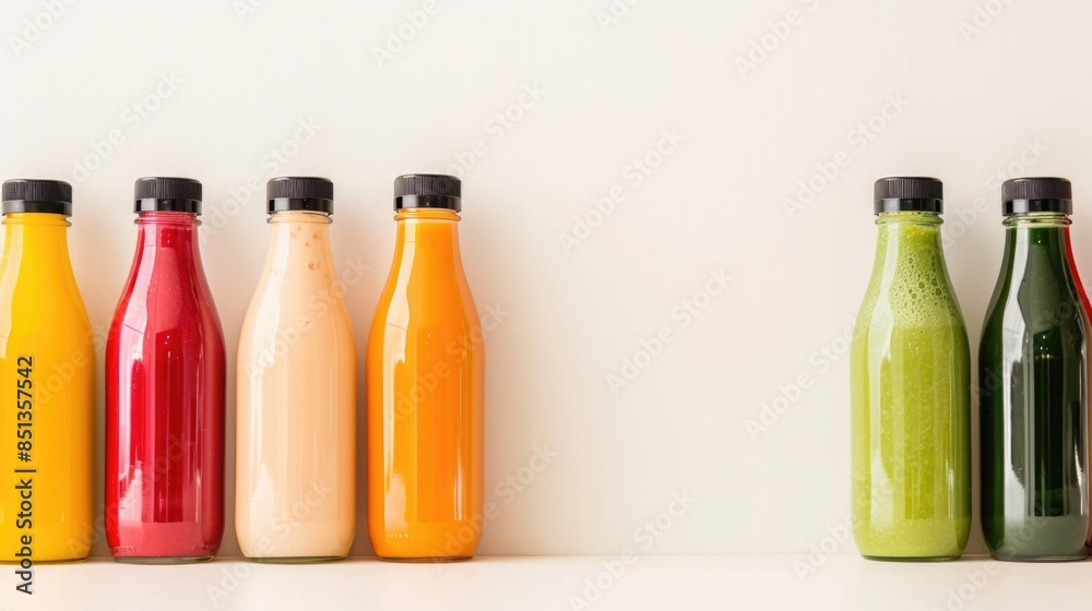 Bottles of juice on white background