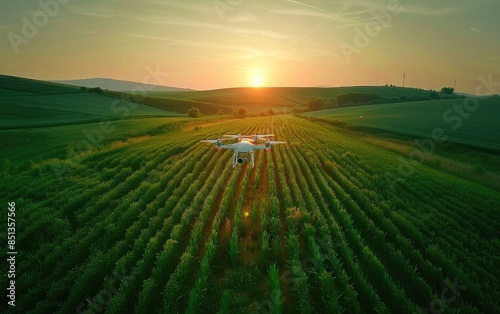 Drone flying over field at sunset