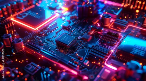 A macro image of a processor or a graphic card, technological device storing memory, hardware close-up, neon led lights. Generative AI technology hyper realistic  © Business Pics