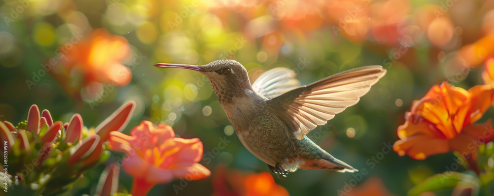Naklejka premium A close-up photo of a hummingbird hovering in front of a flower, its wings beating so fast they are almost invisible.