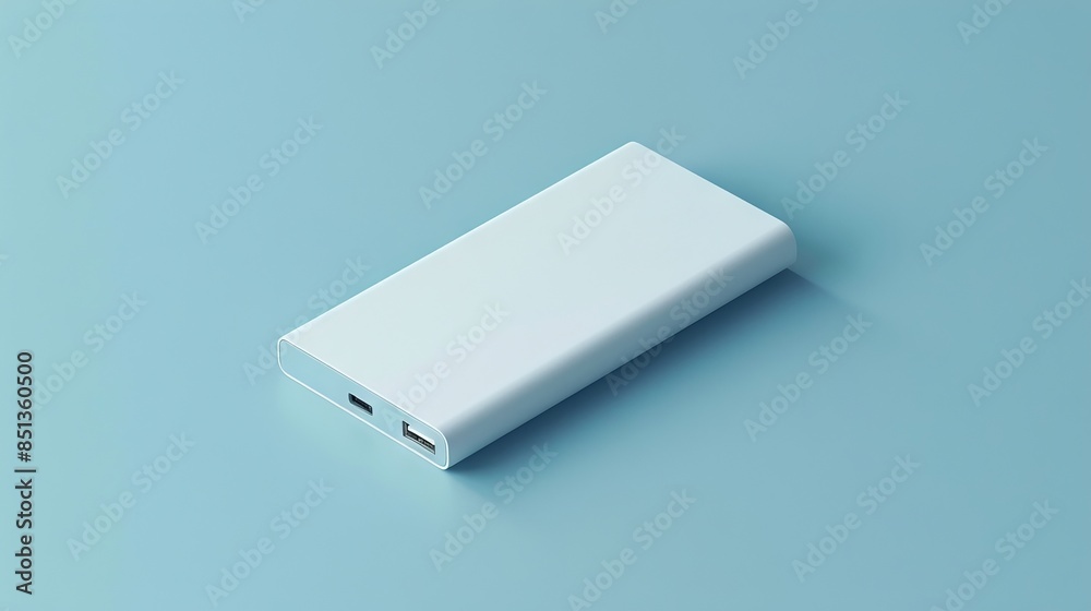A white power bank on a blue surface. A white power bank on a blue surface.