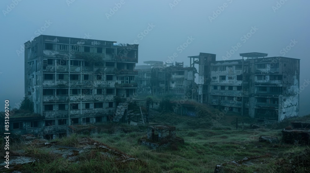 An abandoned apartment complex shrouded in fog, with overgrown vegetation surrounding the dilapidated buildings. The weathered structures and empty windows create a haunting atmosphere. An abandoned apartment complex shrouded in fog, with overgrown vegetation surrounding the dilapidated buildings. The weathered structures and empty windows create a haunting atmosphere.