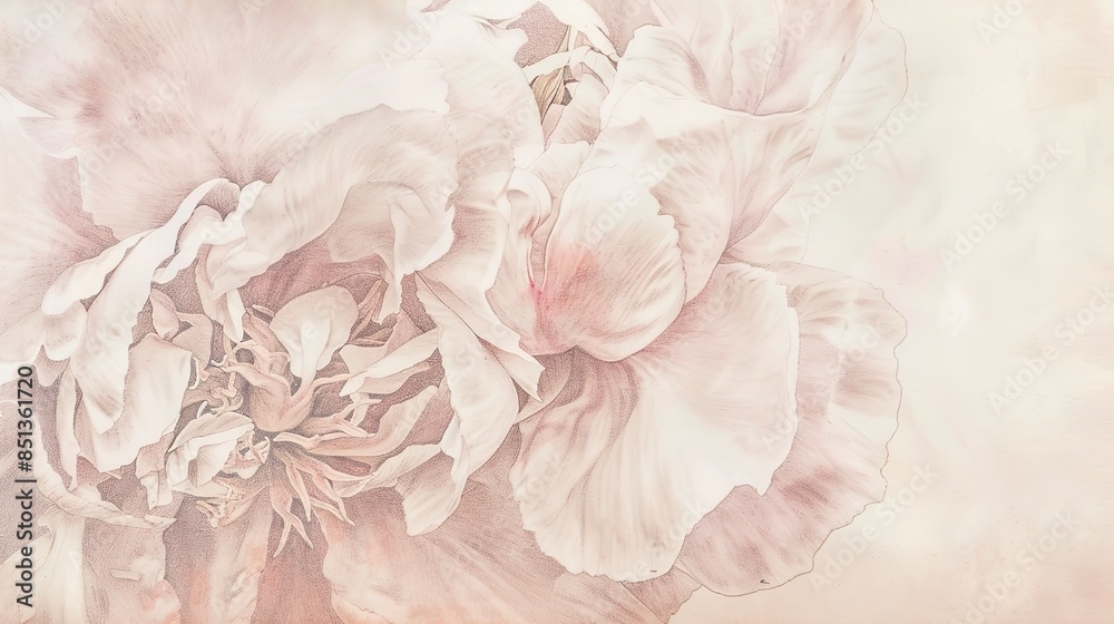 Pencil sketch of a peony, macro shot, soft pastel pink petals, detailed texture, vintage paper backdrop. Pencil sketch of a peony, macro shot, soft pastel pink petals, detailed texture, vintage paper backdrop.