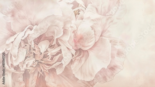 Pencil sketch of a peony, macro shot, soft pastel pink petals, detailed texture, vintage paper backdrop.