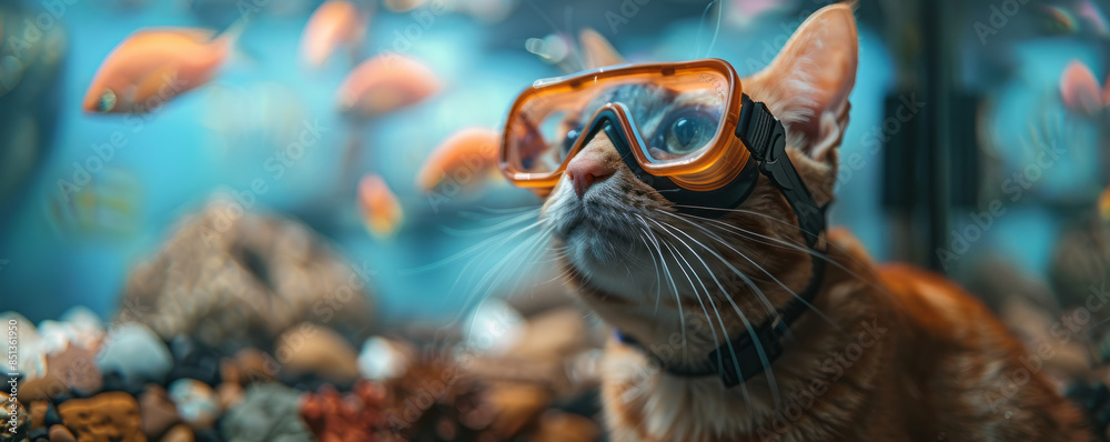 A cat in diving goggles sits near an aquarium and looks at the fish