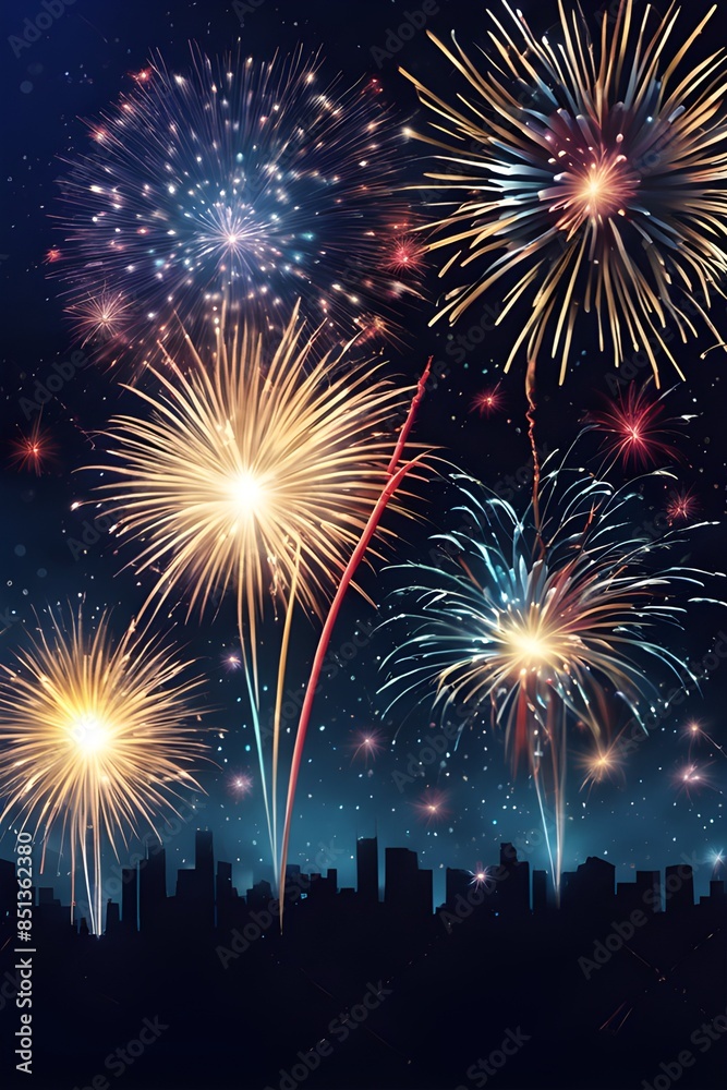 Fireworks on the night sky. Background, banner, postcard, template, wallpaper. New Year or Independency Day celebration.