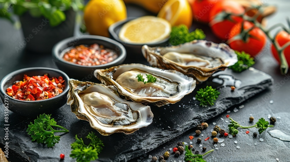 Several oysters with shells are neatly placed on a blackslate, surrounded by, side dishes, lemons, coriander, delicious food photography, Several oysters with shells are neatly placed on a blackslate, surrounded by, side dishes, lemons, coriander, delicious food photography,