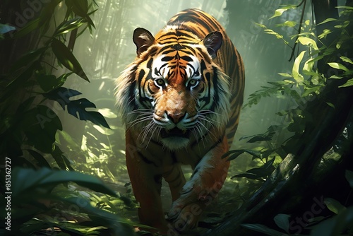 Apex Predator Majestic Bengal Tiger Stalks Lush Jungle (Cinematic Realism)