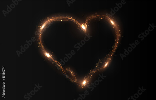 Heart gold with flashes isolated on transparent background. Light heart for holiday cards, banners, invitations. Heart-shaped gold wire glow. PNG vector