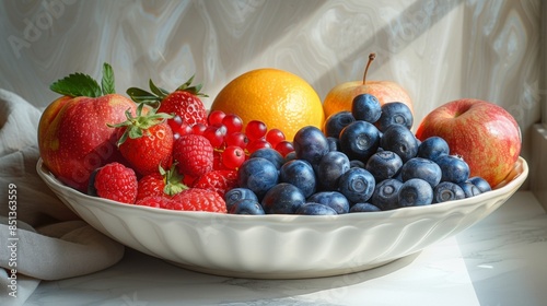 a realistic image of a bowl of fruit on a plain white table photo