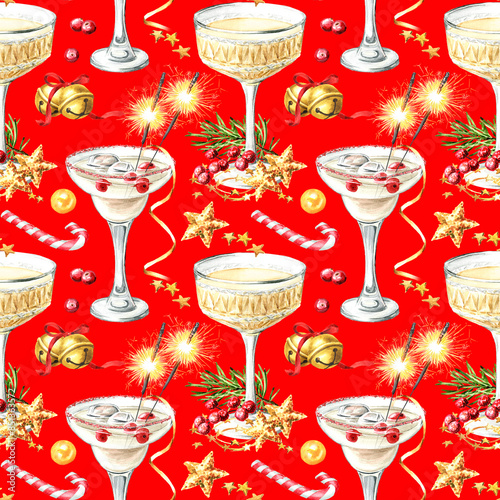 Christmas Festive drink with xmas decor, seamless pattern. Hand drawn watercolor illustration