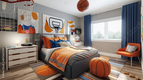 Basketball themed bedroom with a basketball hoop on the wall and a basketball hanging from the ceiling. The room also has a TV and a chair
