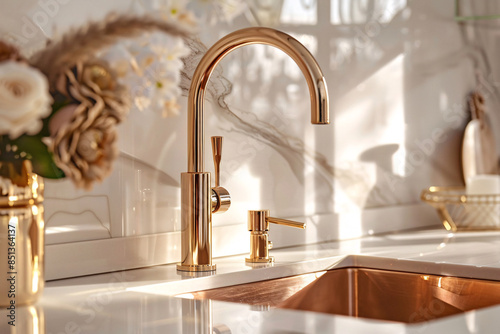 a gold faucet and sink in a kitchen