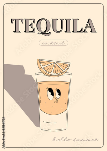 Groovy character tequila. Retro summer poster with popular alcoholic cocktail. Vintage vector illustration in 70s, 80s style