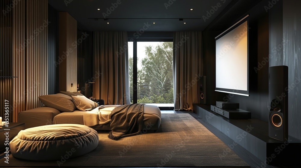 Fototapeta premium Smart home entertainment room with voice control, TV accompanied by elegant lighting decoration