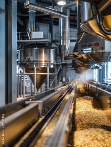 Grain Processing In Modern Industrial Facility showcasing a production line where grains are being sorted and processed efficiently.