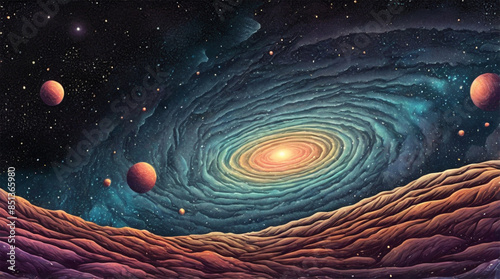A dynamic depiction of a galaxy cloud with a swirling vortex at its center, surrounded by sparkling stars and distant planets vector art illustration