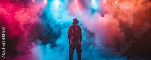 Artist rapper at a music concert on stage singing seen from the back with pink and blue smoke. Hip hop rap artist live performance photo