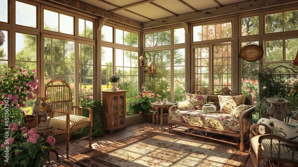 Fototapeta premium A sunroom with a charming country cottage feel, featuring wooden furniture, floral patterns, and large windows overlooking a blooming garden