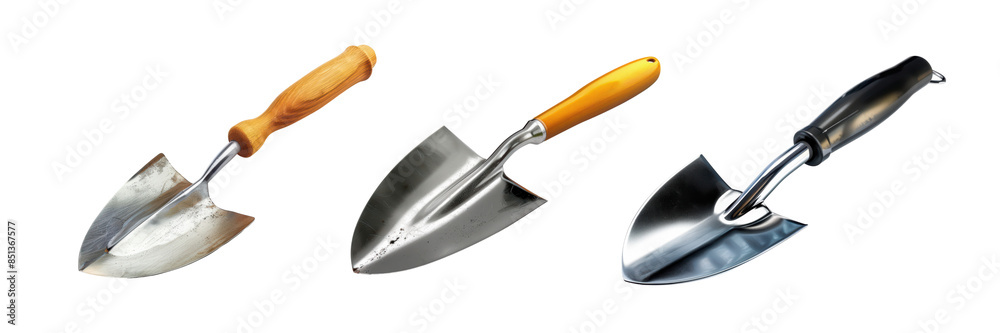 Three Different Garden Trowels with Wooden, Yellow, and Black Handles Isolated on White Background Three Different Garden Trowels with Wooden, Yellow, and Black Handles Isolated on White Background