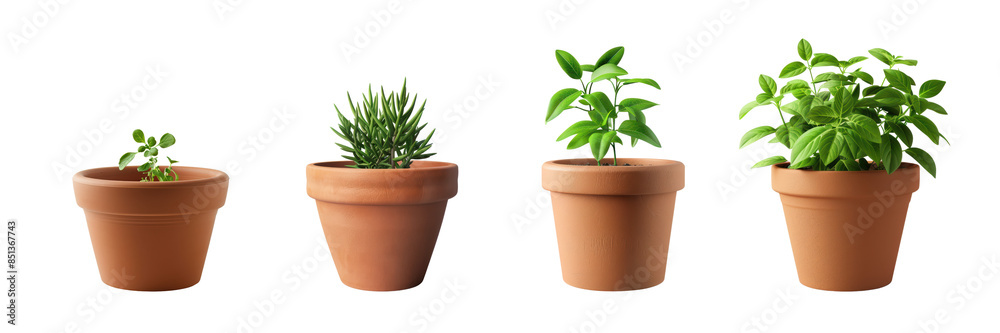 Obraz premium Four Potted Plants in Terracotta Pots on White Background, Various Stages of Growth, Green Foliage