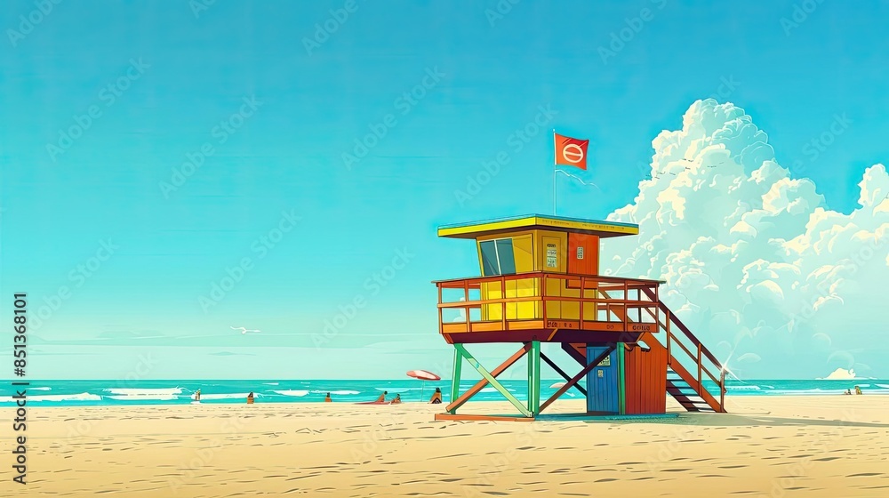 Colorful lifeguard tower on a serene beach with clear blue skies and a few people in the distance. Picture-perfect summer day. Colorful lifeguard tower on a serene beach with clear blue skies and a few people in the distance. Picture-perfect summer day.