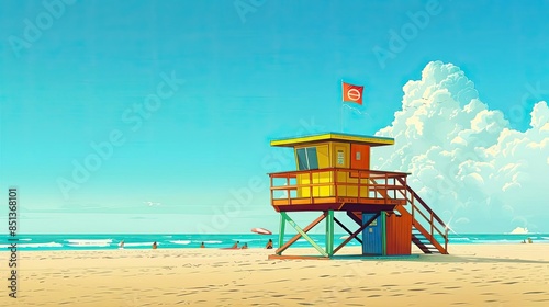 Colorful lifeguard tower on a serene beach with clear blue skies and a few people in the distance. Picture-perfect summer day.