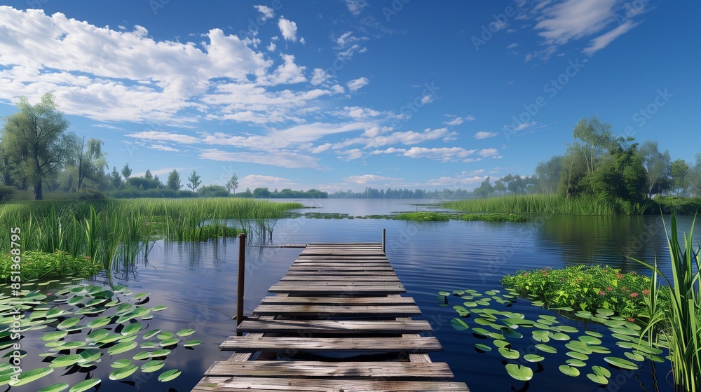 Fototapeta premium A wooden pier that leads to a turquoise lake with blue skies and white clouds, The side of the lake is leafy and has various green shades, and stones can be seen under the clear and calm surface.