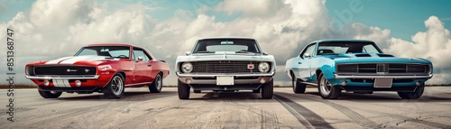 Three classic muscle cars in pristine condition showcased on an open road with a dramatic sky backdrop, symbolizing power and style. photo