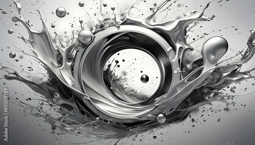 Circle splashing point, a fast motion blurred abstract silver background on digital art concept, Generative AI.