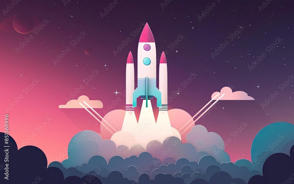 Naklejka premium Illustration of a colorful rocket launching into space against a starry background, depicting a dreamy and inspirational scene.
