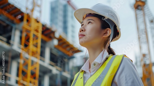 Asian female construction worker thoughtfully observing construction site symbolizing leadership and dedication in the construction industry. Women in construction and engineering concept. Copy space