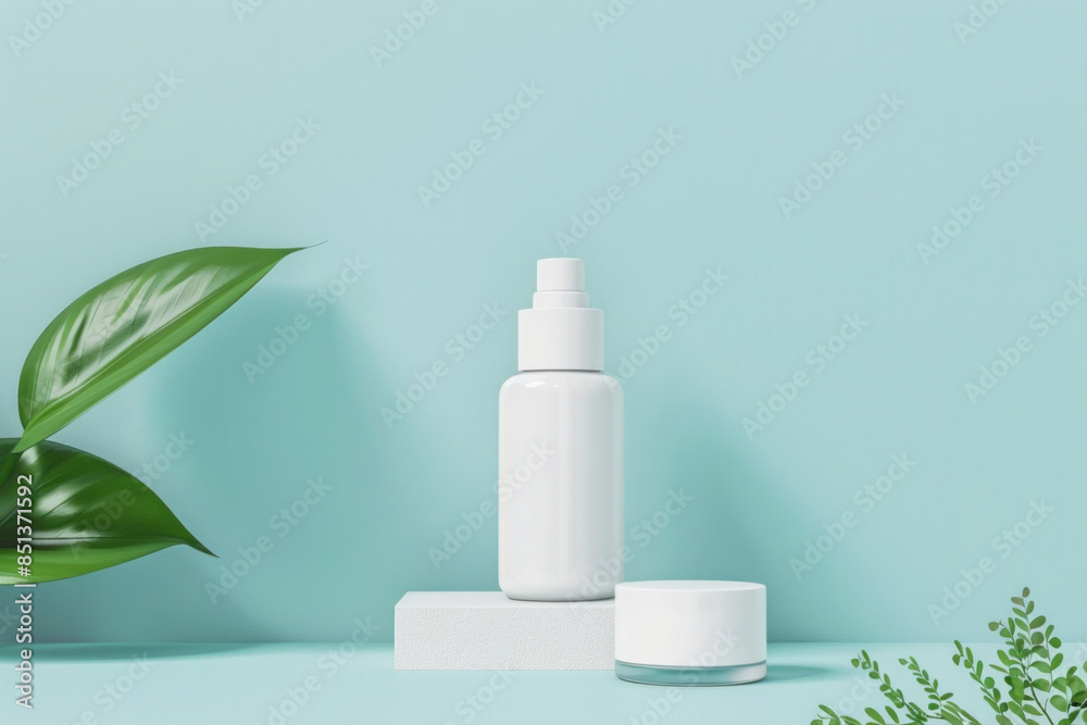A plastic bottle filled with liquid and a rectangular jar are placed on a table next to a plant A plastic bottle filled with liquid and a rectangular jar are placed on a table next to a plant