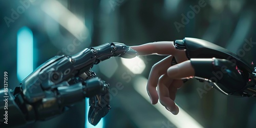 The human finger delicately touches the finger of a robot's metallic finger