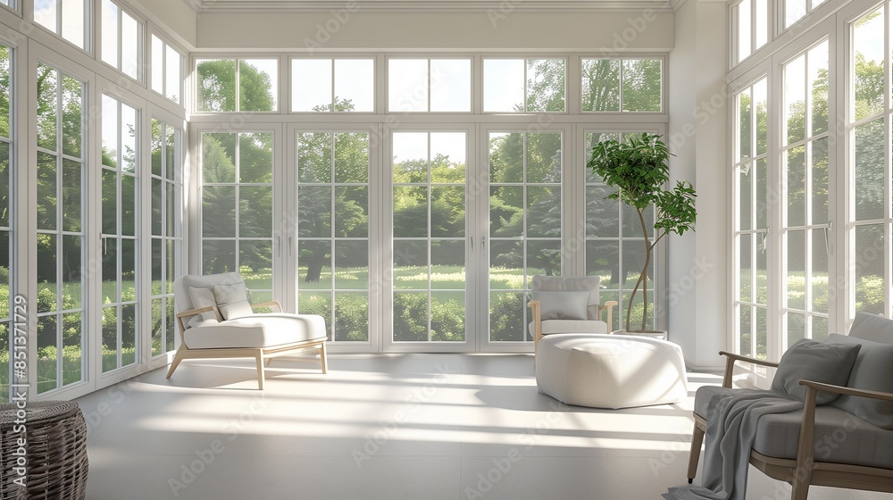 A sunroom with a clean, minimalist design, featuring simple furniture, neutral colors, and large windows allowing an abundance of natural light A sunroom with a clean, minimalist design, featuring simple furniture, neutral colors, and large windows allowing an abundance of natural light