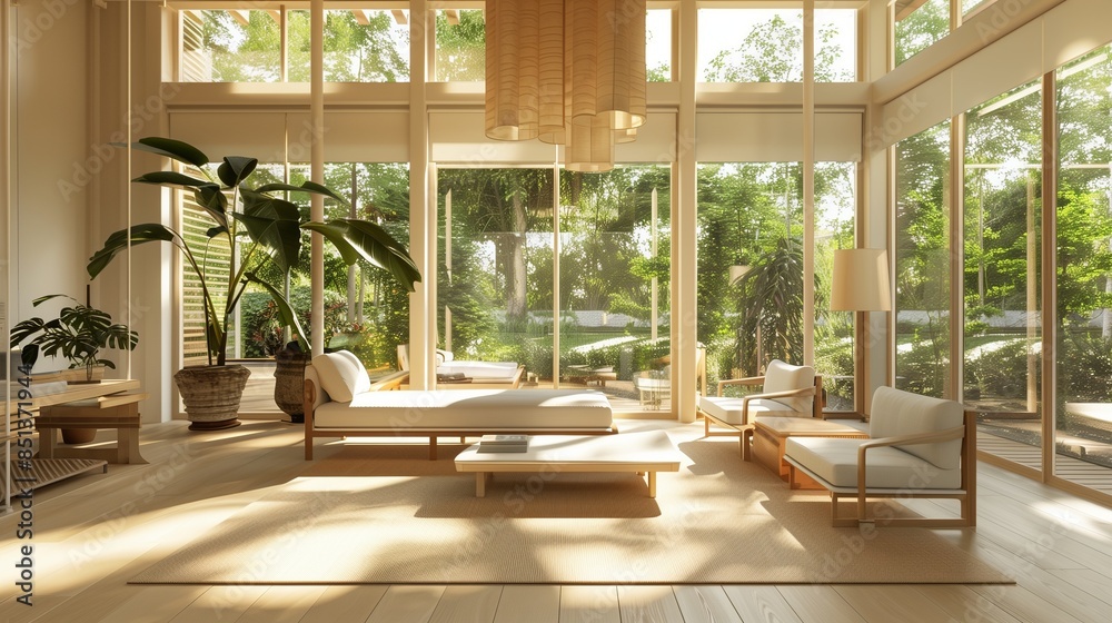 Fototapeta premium A sunroom with a clean, minimalist design, featuring simple furniture, neutral colors, and large windows allowing an abundance of natural light